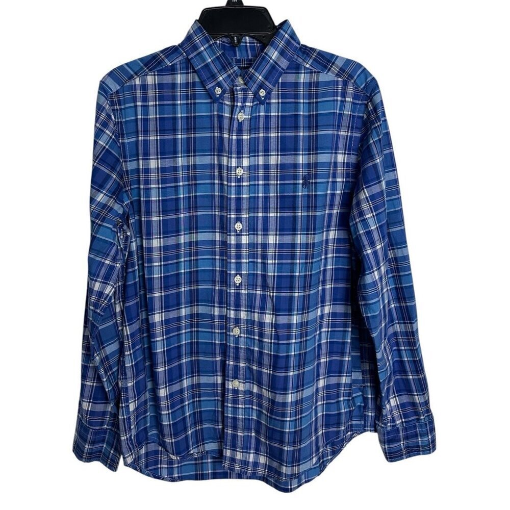 Ralph Lauren Performance Plaid Button-Down Shirt - Blue Kid's Size L 14-16